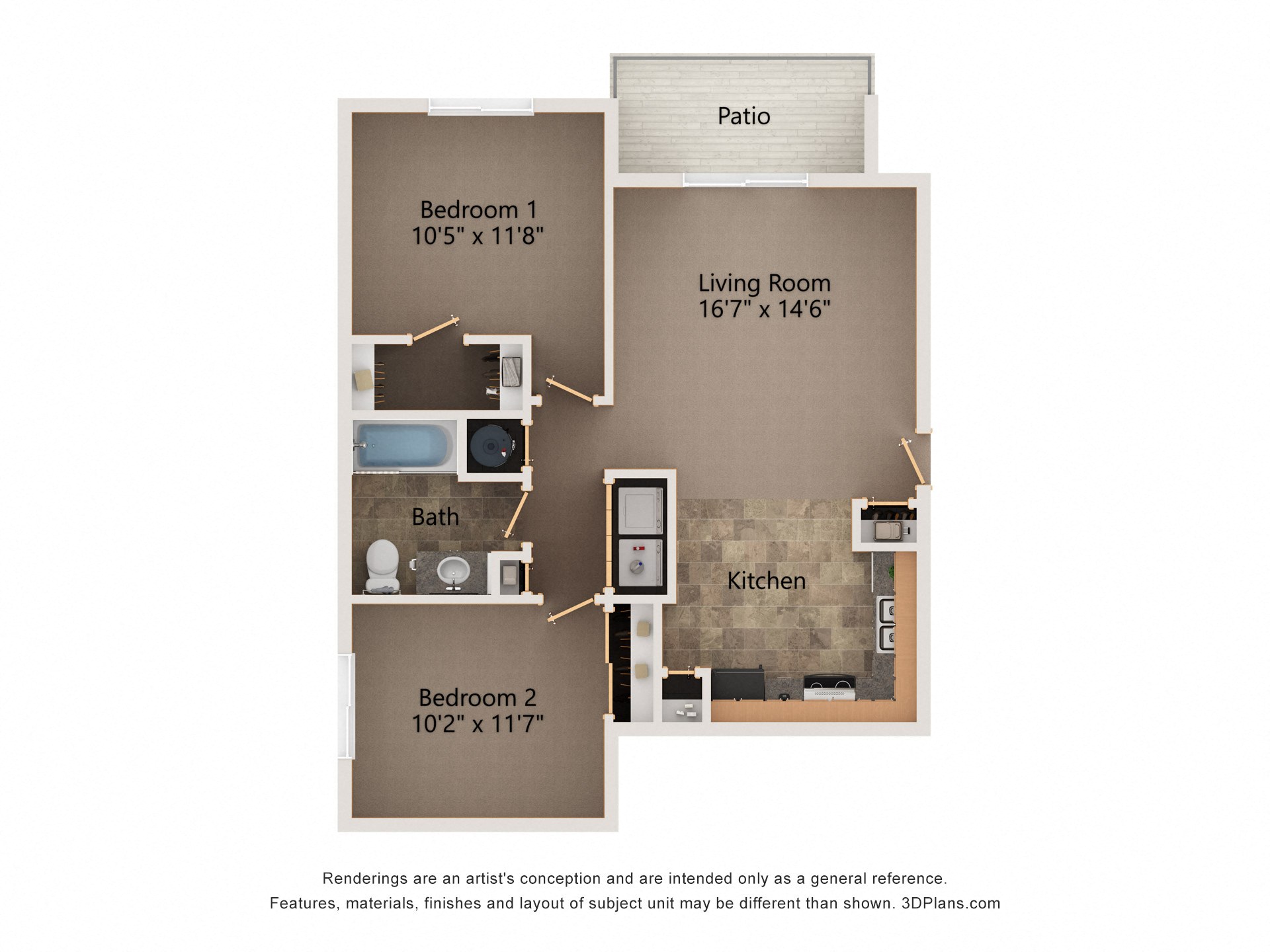 Floor plan for 2 beds, 1 bath, 883 sqft
